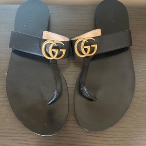 GUCCI Double G Logo Black Leather Slides / Sandal Size 10